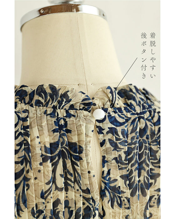 青のダマスク柄プリーツロングワンピース（紐ベルト付き）