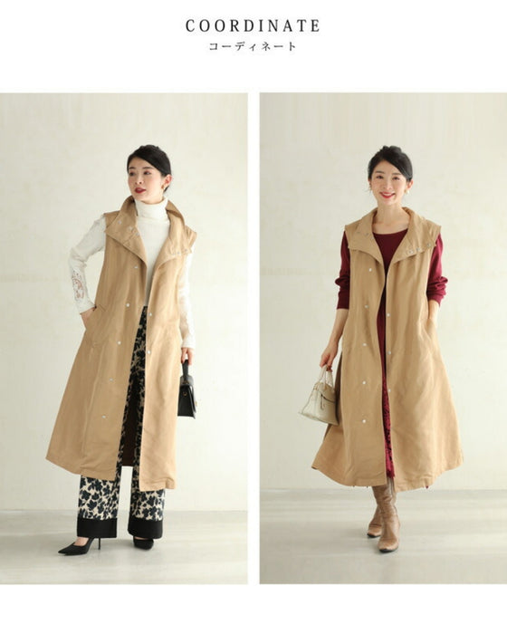 Long gilet vest with two-tone fabrics on front and back