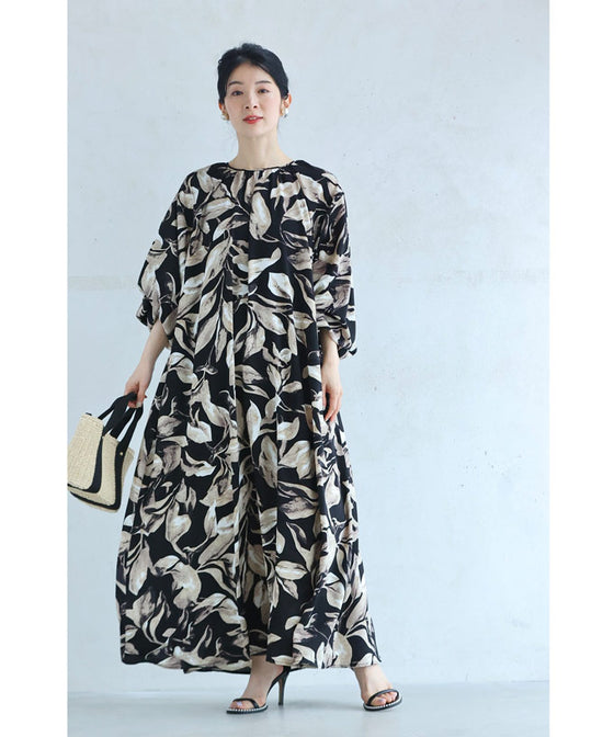 Stylish leaf pattern long dress