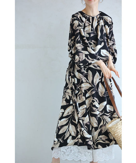 Stylish leaf pattern long dress