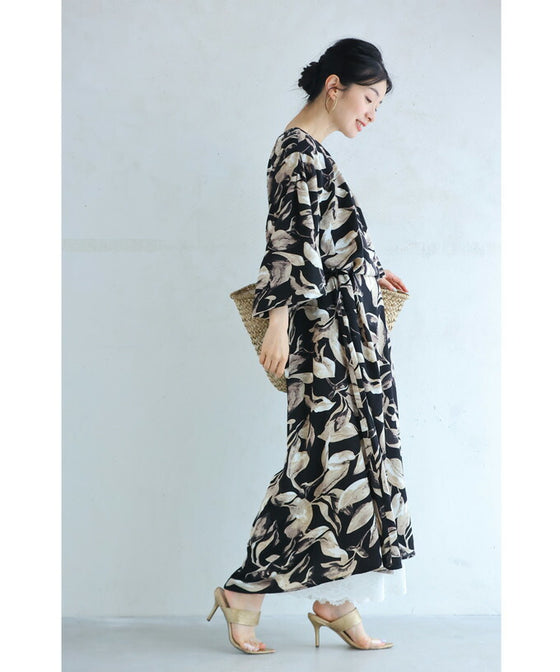 Stylish leaf pattern long dress