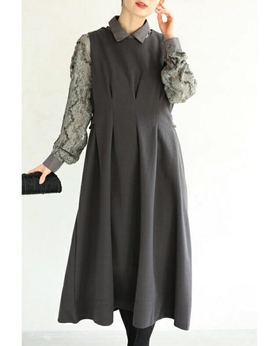 揺らめき流れるベロアラインのレースシャツトップス