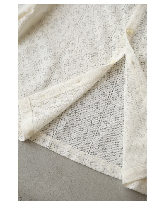 ステンドグラス柄ブロックレースのシアープルオーバートップス