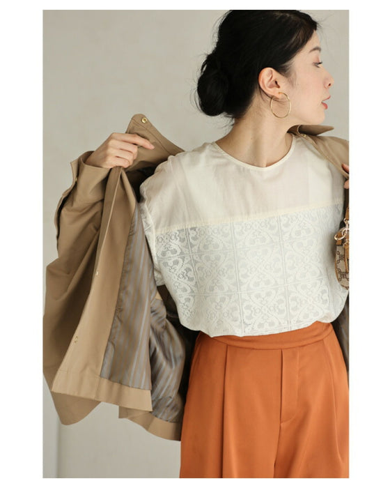 ステンドグラス柄ブロックレースのシアープルオーバートップス