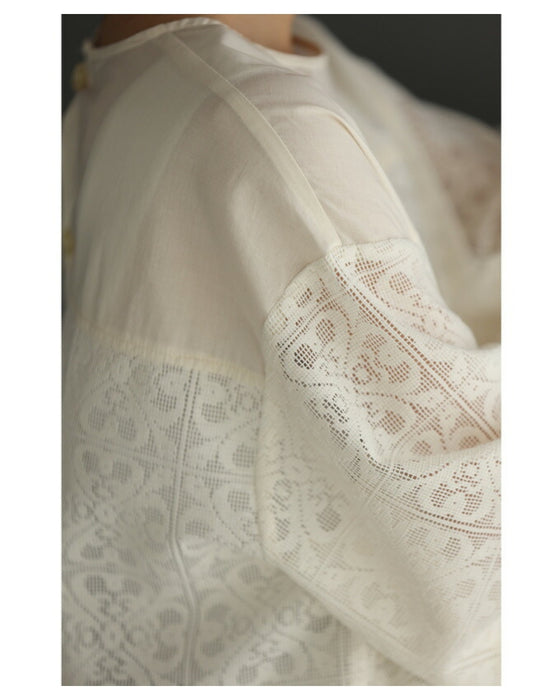 ステンドグラス柄ブロックレースのシアープルオーバートップス