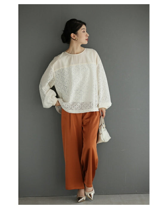 ステンドグラス柄ブロックレースのシアープルオーバートップス