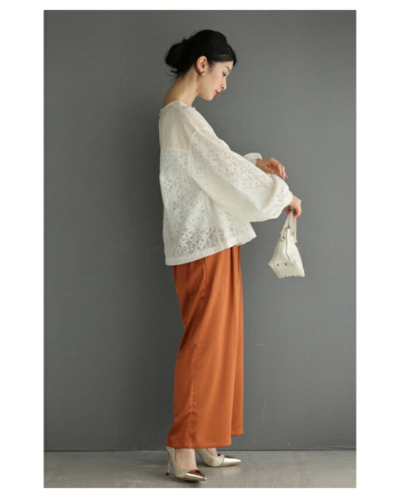 ステンドグラス柄ブロックレースのシアープルオーバートップス