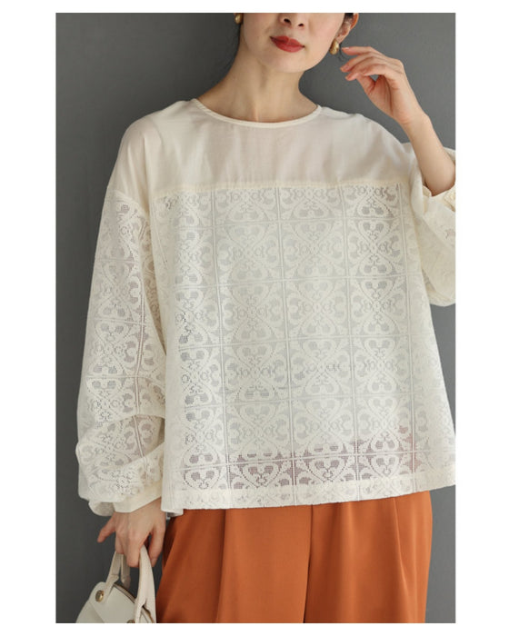 ステンドグラス柄ブロックレースのシアープルオーバートップス