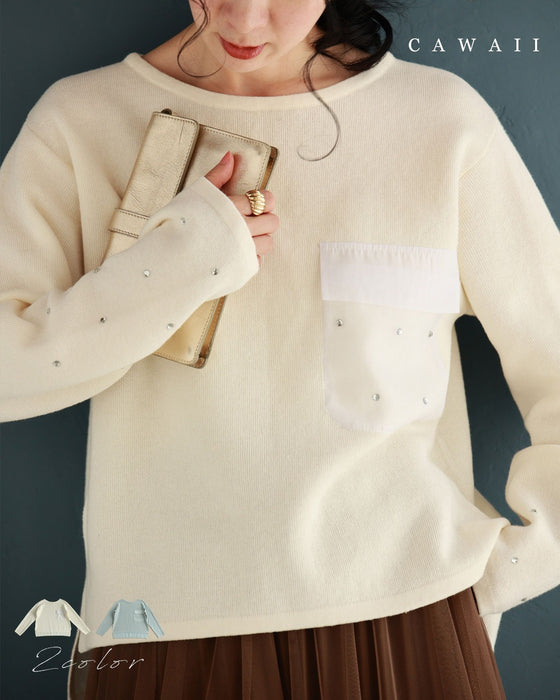 袖に輝くビジューとシアーポケットのニットプルオーバートップス