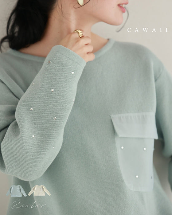 袖に輝くビジューとシアーポケットのニットプルオーバートップス