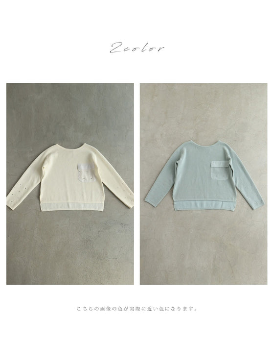 袖に輝くビジューとシアーポケットのニットプルオーバートップス