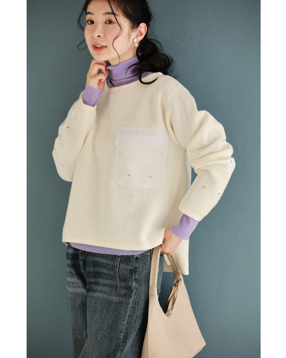 袖に輝くビジューとシアーポケットのニットプルオーバートップス