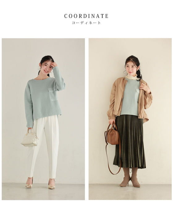 袖に輝くビジューとシアーポケットのニットプルオーバートップス