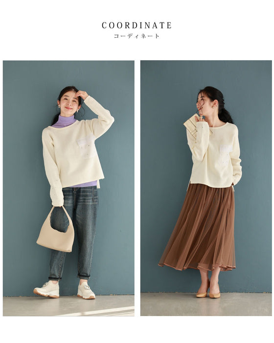 袖に輝くビジューとシアーポケットのニットプルオーバートップス