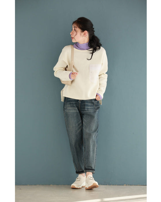 袖に輝くビジューとシアーポケットのニットプルオーバートップス