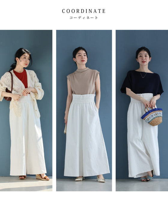 よく伸びるシャーリングウエストのワイドパンツ