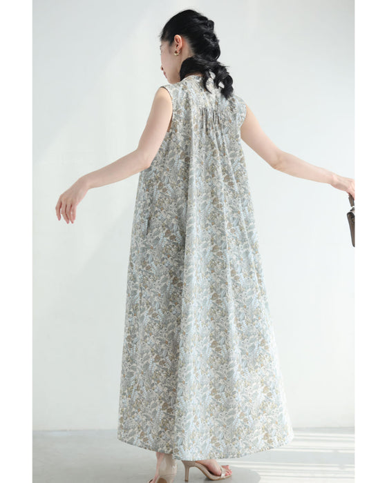 首元タックの淡いボタニカル柄ロングワンピース
