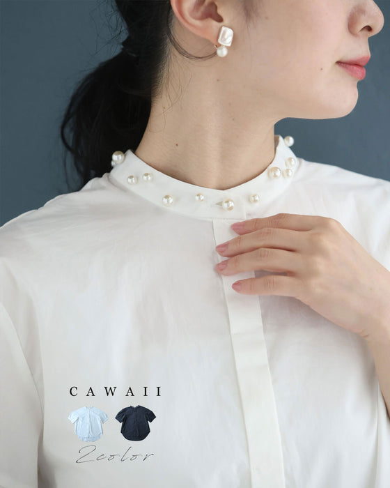 首周り囲むパールネックシャツトップス