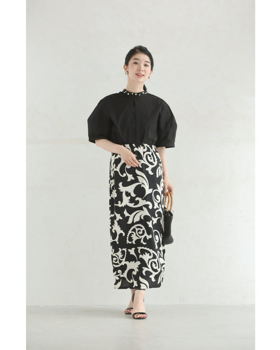 首周り囲むパールネックシャツトップス