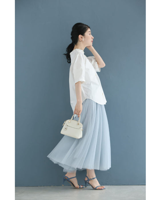 首周り囲むパールネックシャツトップス