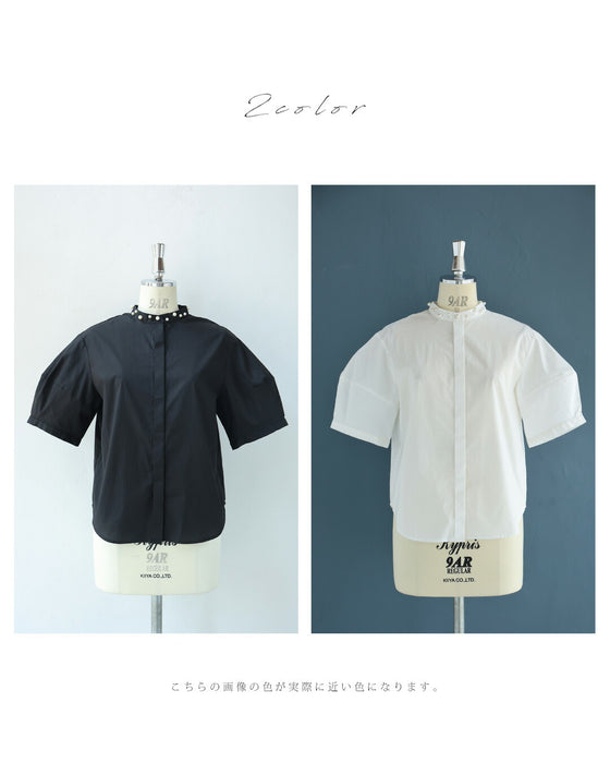 首周り囲むパールネックシャツトップス