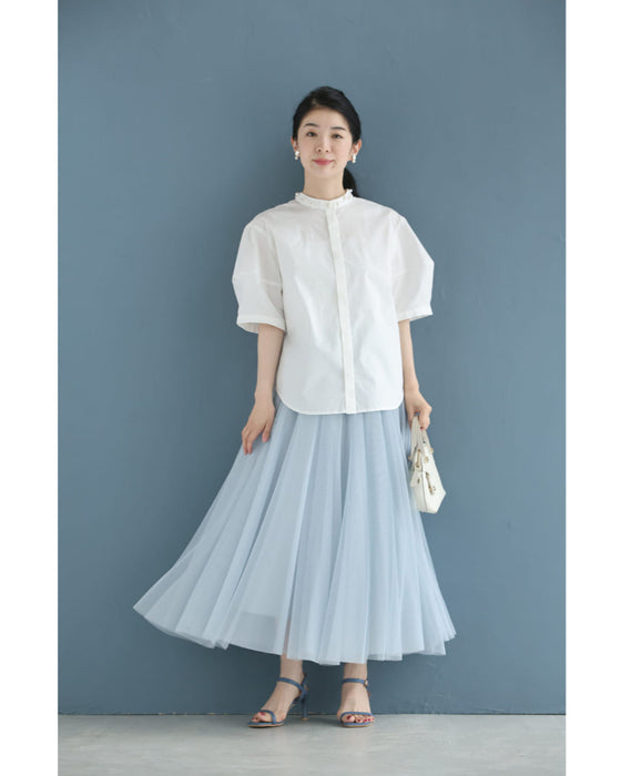 首周り囲むパールネックシャツトップス