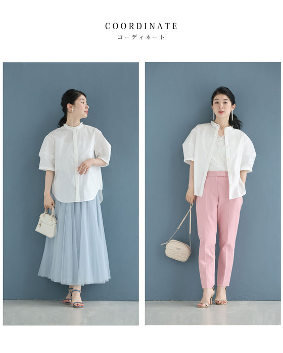 首周り囲むパールネックシャツトップス