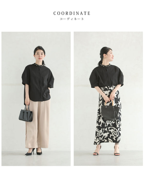 首周り囲むパールネックシャツトップス