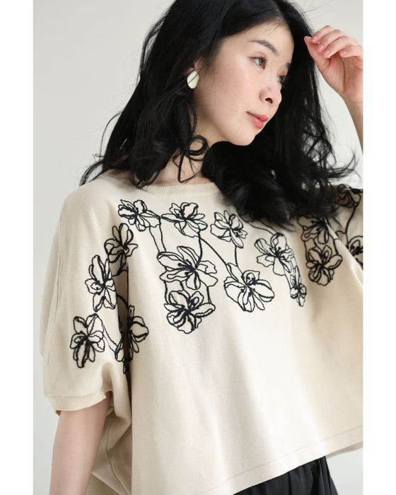 繋がり合う花刺繍のドルマンニットカットソートップス