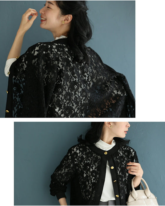 美しく透ける黒花の総レースカーディガン