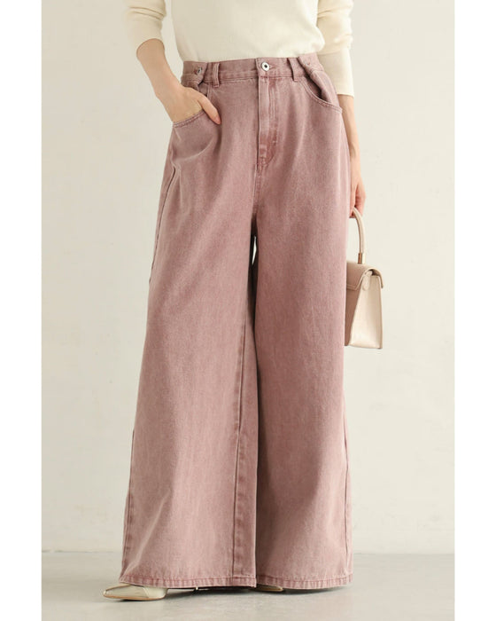 ウエスト調節可能なサイドボタンカラーデニムパンツ