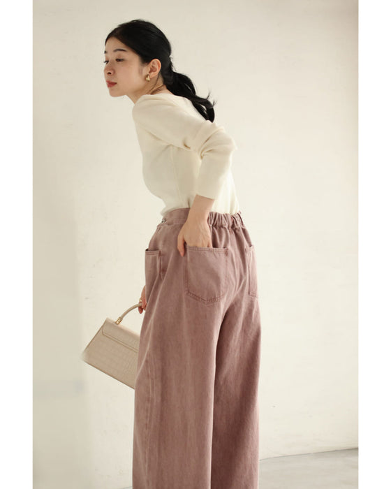 ウエスト調節可能なサイドボタンカラーデニムパンツ