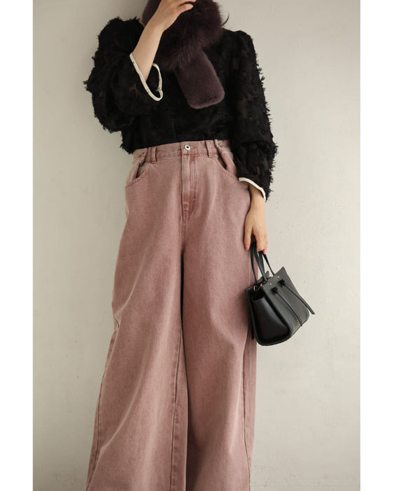 ウエスト調節可能なサイドボタンカラーデニムパンツ