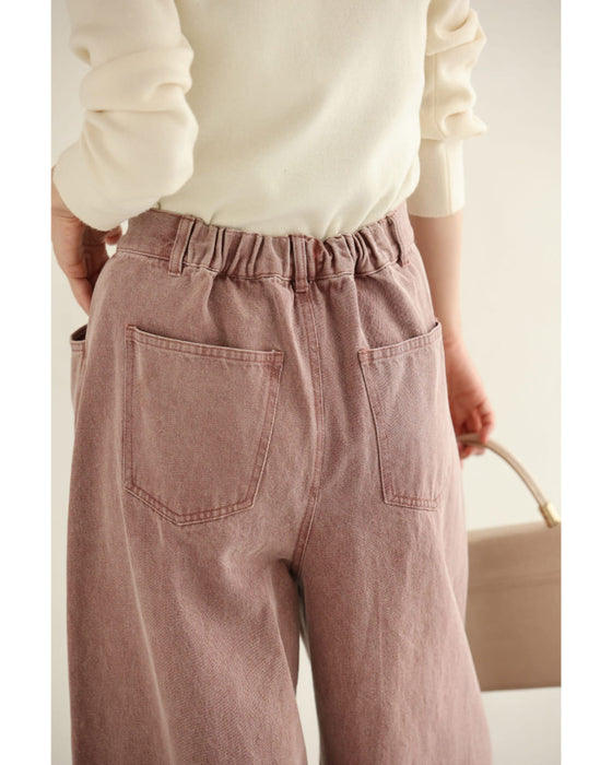 ウエスト調節可能なサイドボタンカラーデニムパンツ