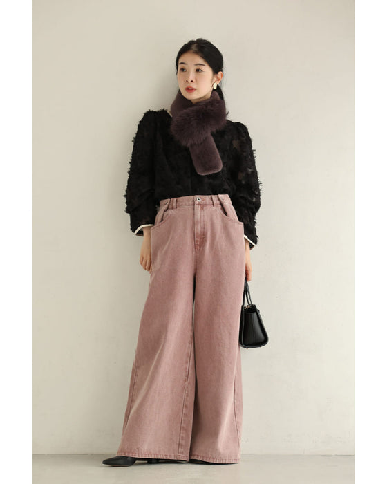 ウエスト調節可能なサイドボタンカラーデニムパンツ