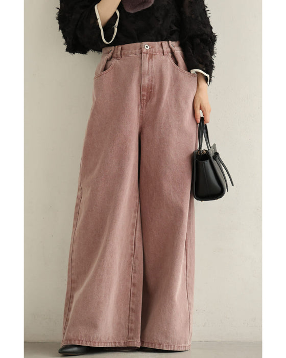 ウエスト調節可能なサイドボタンカラーデニムパンツ