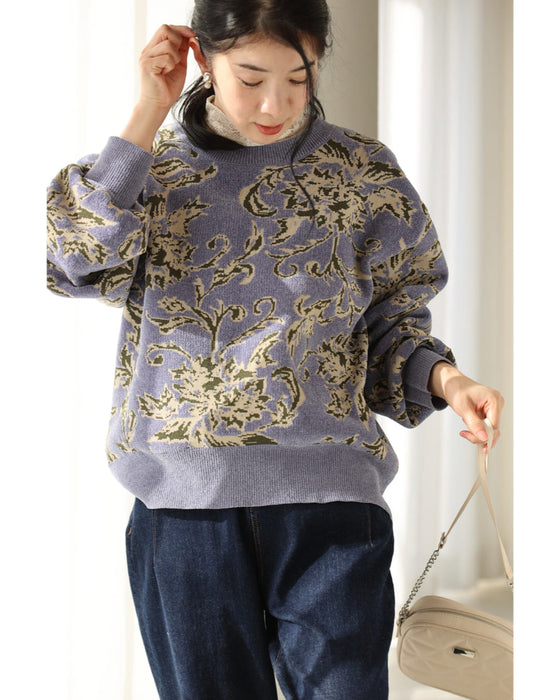 エレガントな花柄のモールジャガードニットプルオーバートップス