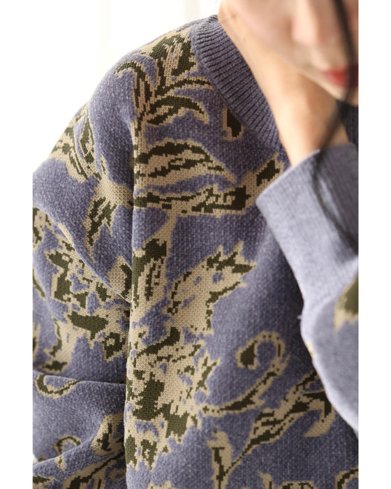 エレガントな花柄のモールジャガードニットプルオーバートップス