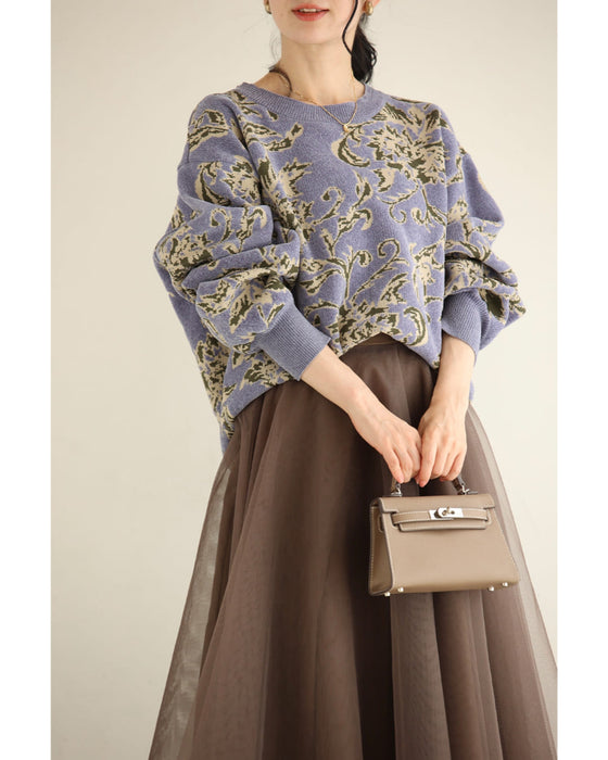 エレガントな花柄のモールジャガードニットプルオーバートップス