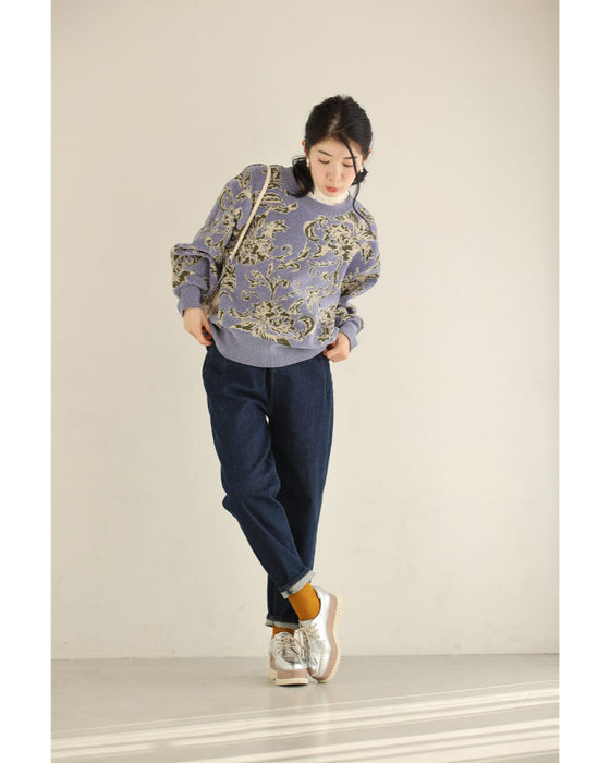 エレガントな花柄のモールジャガードニットプルオーバートップス