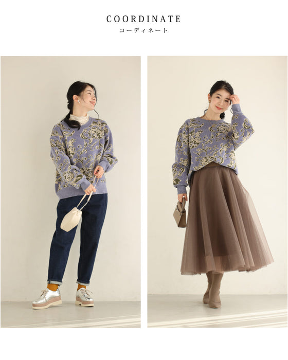 エレガントな花柄のモールジャガードニットプルオーバートップス