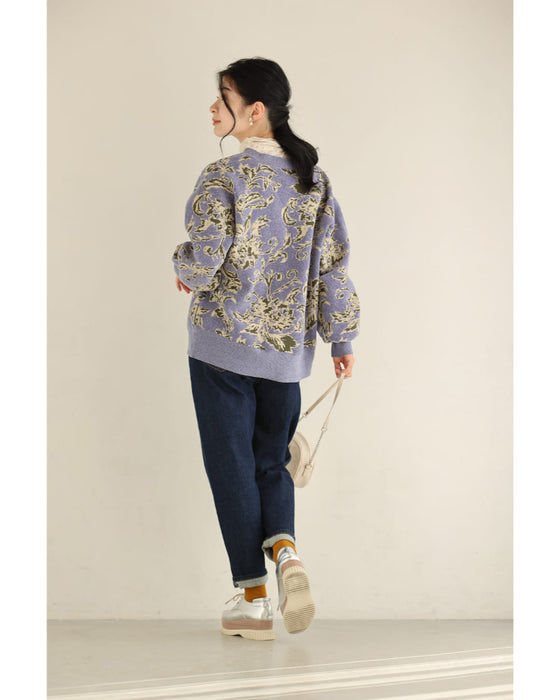 エレガントな花柄のモールジャガードニットプルオーバートップス