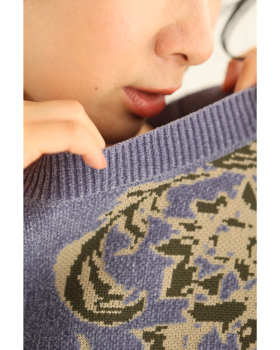 エレガントな花柄のモールジャガードニットプルオーバートップス