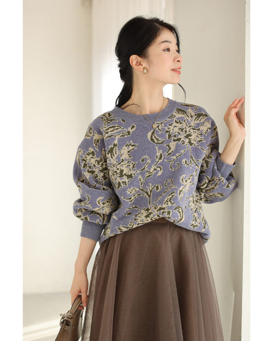 エレガントな花柄のモールジャガードニットプルオーバートップス