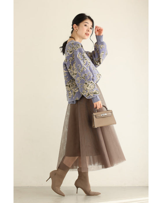 エレガントな花柄のモールジャガードニットプルオーバートップス