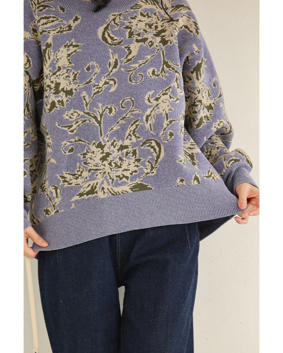エレガントな花柄のモールジャガードニットプルオーバートップス