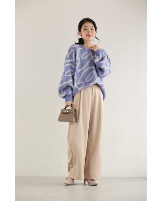 揺らめくリボン柄の起毛ニットプルオーバートップス