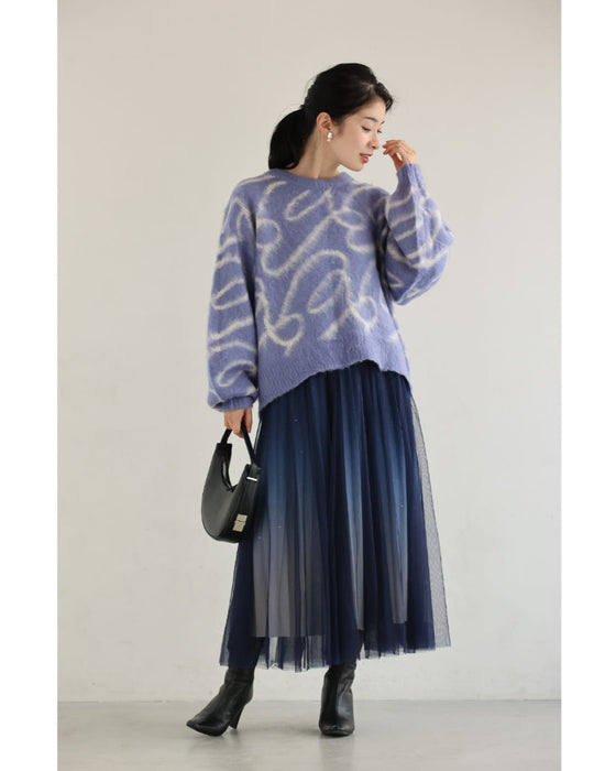 揺らめくリボン柄の起毛ニットプルオーバートップス