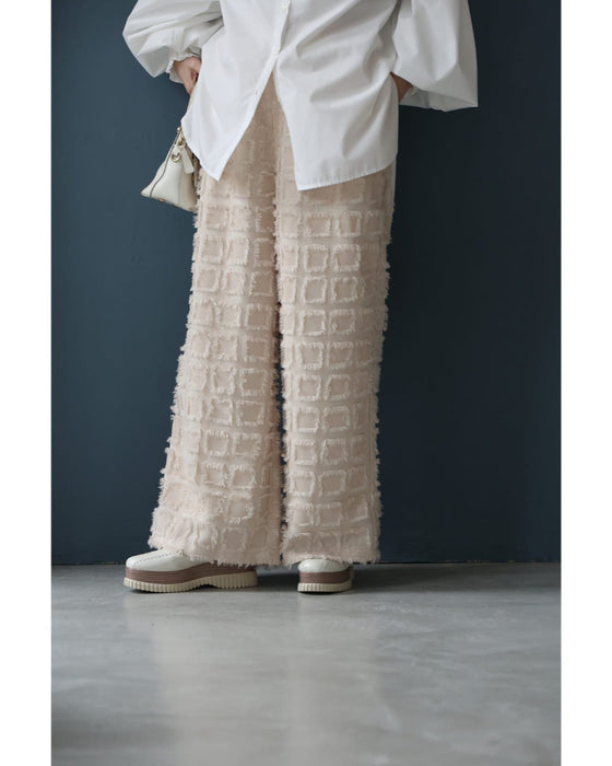 ブロック柄ふわふわフリンジワイドパンツ