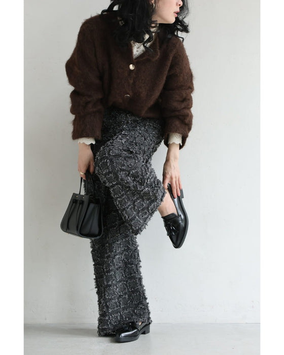 ブロック柄ふわふわフリンジワイドパンツ